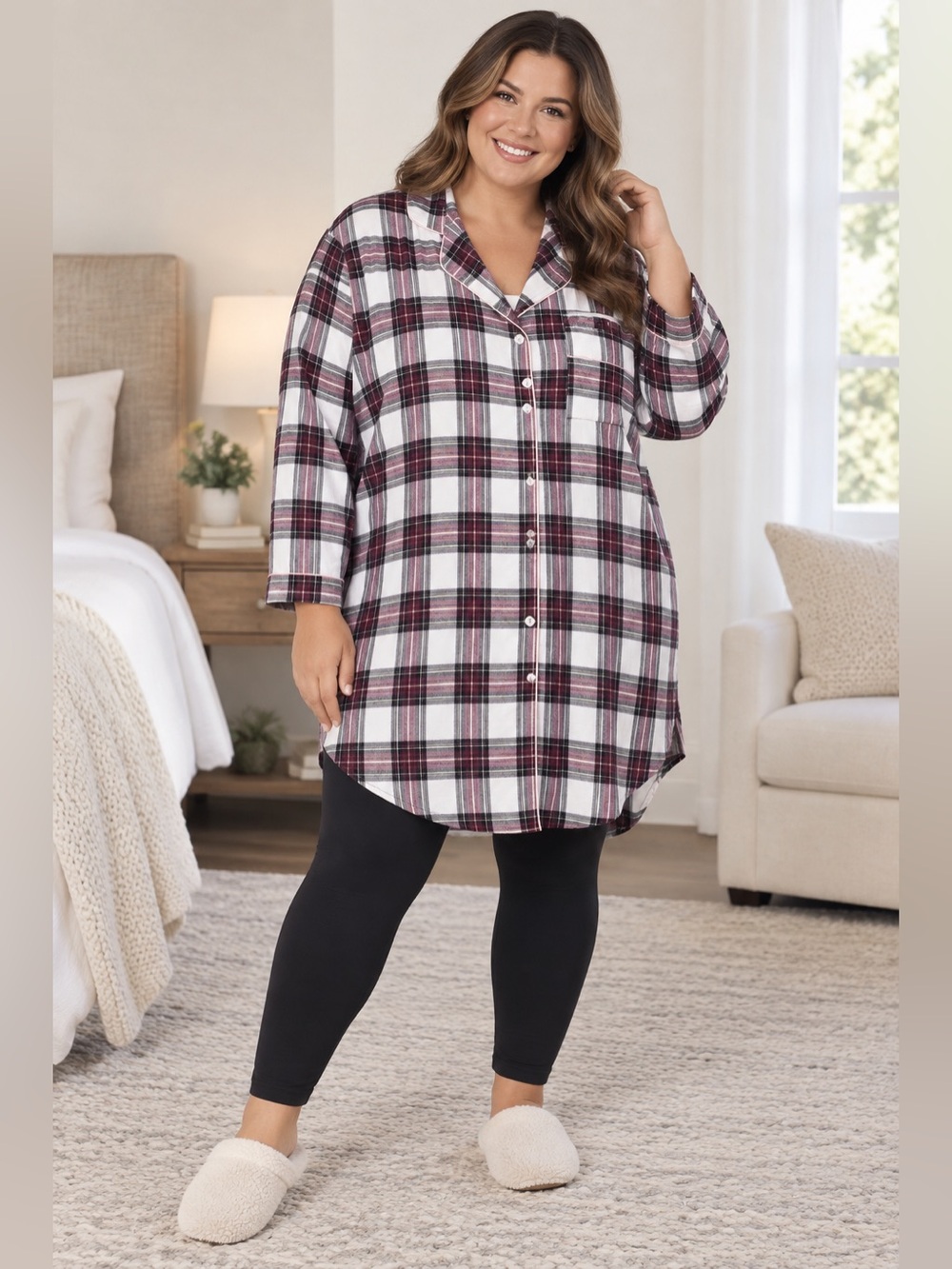 Erxeelo Sleep Shirt Nightgown Woman’s 24-26 Purple Plaid Cotton New NWT
